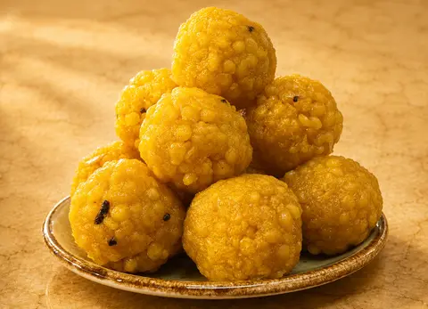 Plate of golden boondi ladoo