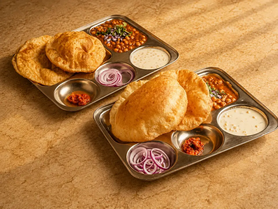 Chana bhatura and chana puri trays with puffed fried bread, chana, onions and raita