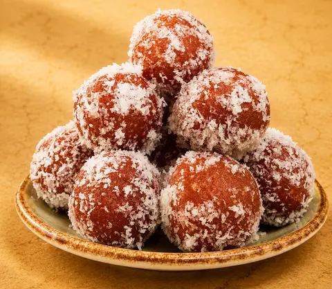 Coconut-rolled gulab jamun on a plate