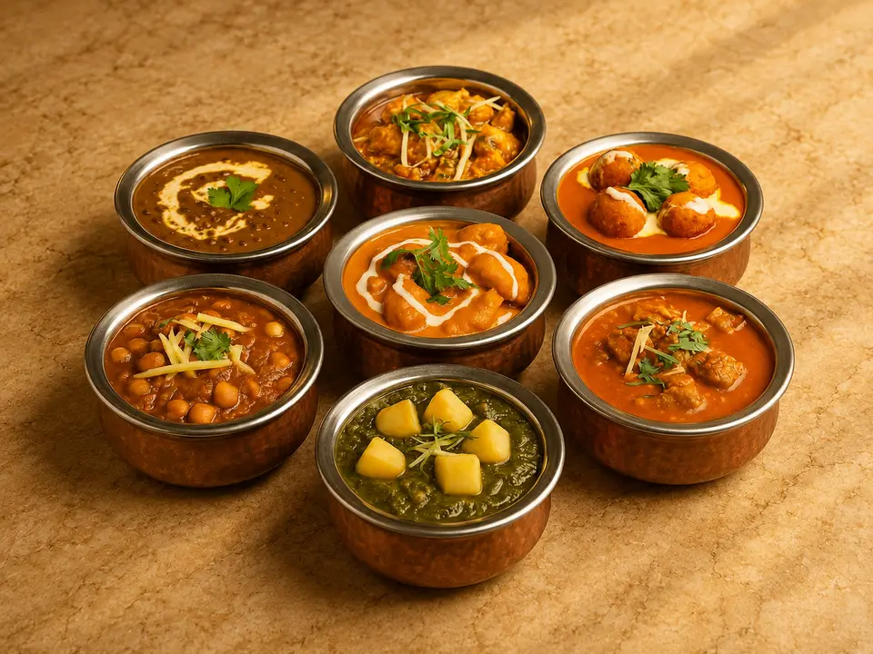 Seven brass-rimmed bowls of curries including dal, paneer, chana and butter dishes
