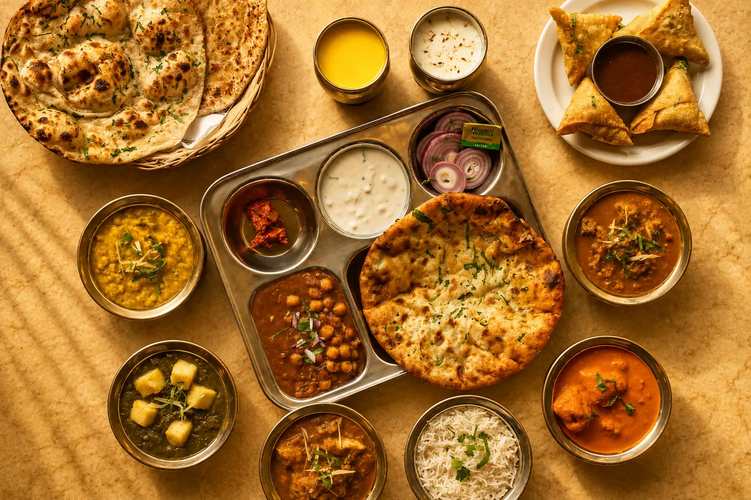 An Amritsari kulcha thali spread with curries, samosas, fresh kulcha bread, raita and sides