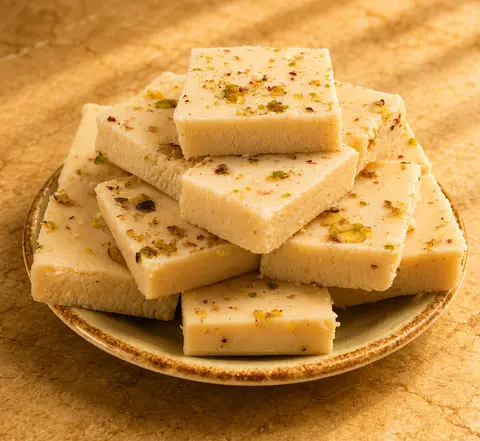Stacked squares of pistachio-topped khoya barfi