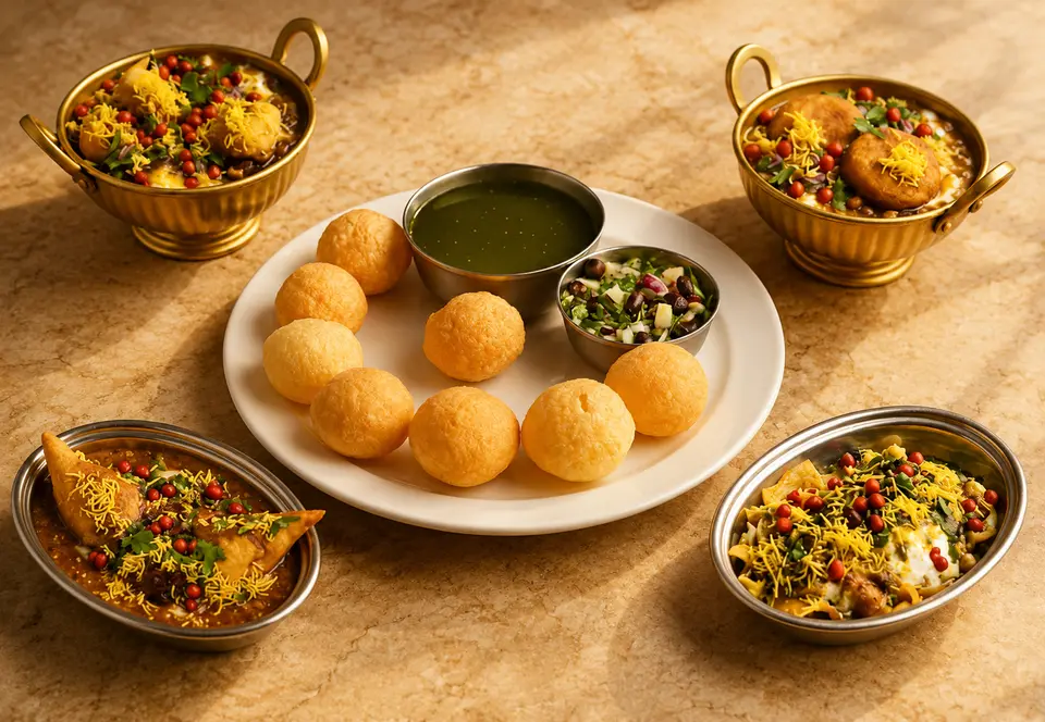 Street chaat spread with golgappe, green chutney and bowls of chaat